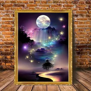 Enchanted Moonlight Forest Wall Art Poster - Fantasy Cosmic Landscape Canvas Print, Mystical Nature Scenery - For Living Room Bedroom Bathroom - Frameless - Perfect Gift for Art Lovers & Home Decor Enthusiasts Ornaments Decoration Artistic Photo