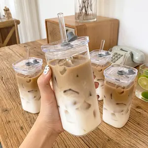 Square Glass Cups with Lids and Straws,6Pcs \ 4Pcs Temperature Resistant Drinking Glasses, 400ml Reusable Beverage Glasses for Home & Cafe