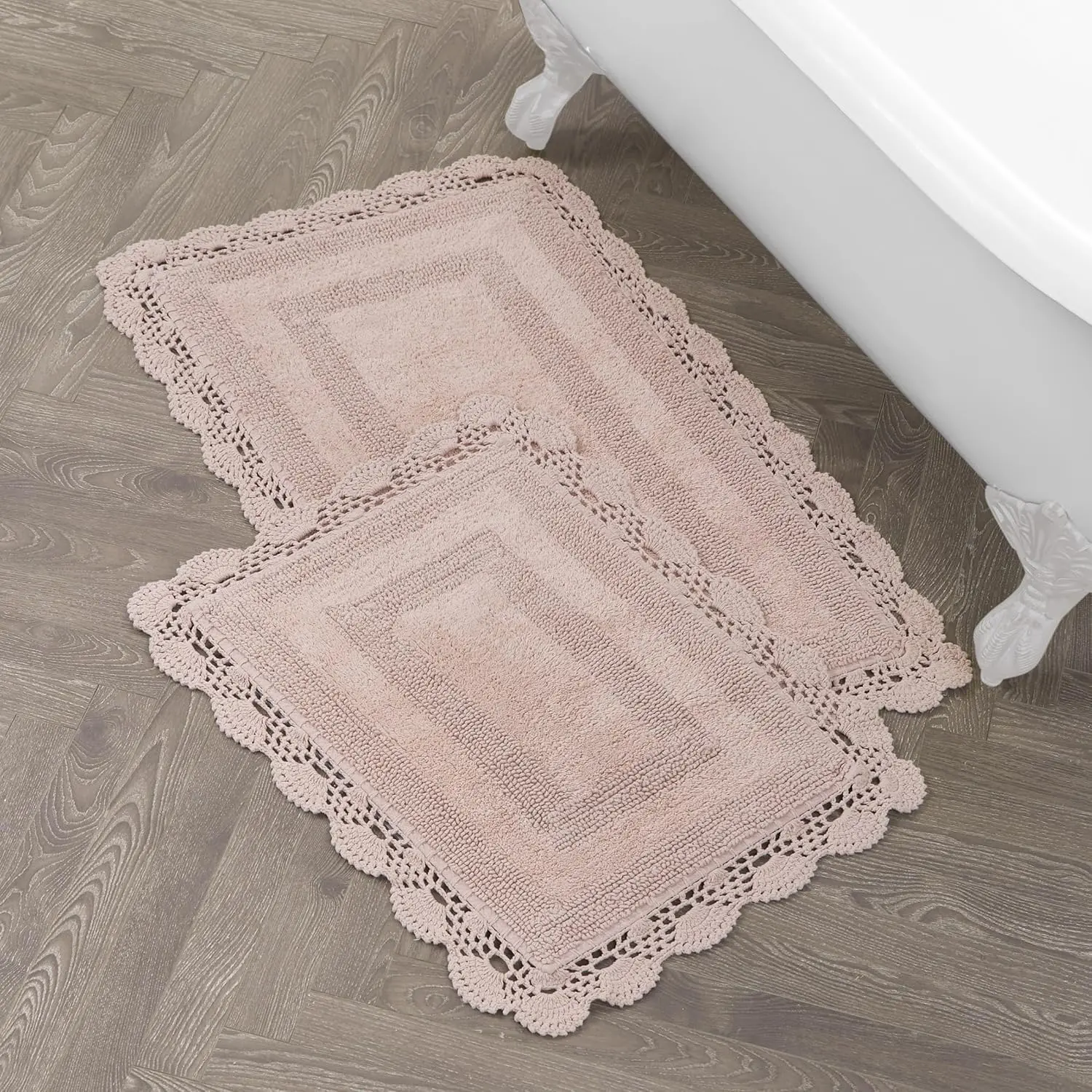 Plush Cut-and-Loop Cotton Crochet Bath Mat with Border - Reversible, Absorbent, Machine Washable XL Bathroom Rug, Available in 17"x24" or 21"x34", Blush Pink, Plush Cut-And-Loop Fibers
