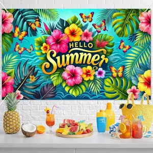 2D Flat Banner 1pc, Hello Summer Banner, Hawaiian Party Decor, Tropical Beach Background, Outdoor Photo Booth Props, No Power Needed
