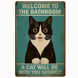1PCS Bathroom Black Cat Vintage Metal Tin Decorative Sign Plaque Welcome To The Bathroom A Cat Will Be With You Shortly Wall Mounted 2D Flat Sign 8 x 12 Inch Home Bathroom Restroom Toilet Washroom Wall Decor