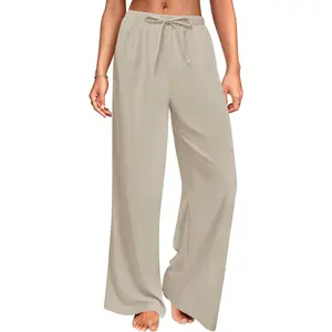 DLOODA Wide Leg Linen Pants for Women, Loose Flowy Palazzo Pants with Pockets Drawstring Trousers Summer Beach Vacation