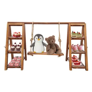 3-Tier Wooden Dessert Stand Adjustable Swing Plate Natural Wood Grain For Wedding Birthday Party Cake Candy Fruit Decor