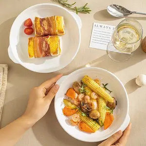 2pcs 8 Inch Pure Dual Handle Ceramic Plates, Multifunctional Western Dinner Plates, Double Handle Pasta Serving Plates for Home Kitchen Dining