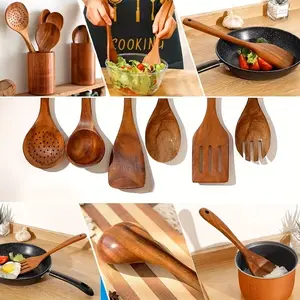 7pcs Rosewood Cooking Utensils Set, Natural Wood Spoons and Ladles, Long Handle Wooden Stirrers, Home Kitchen Essentials