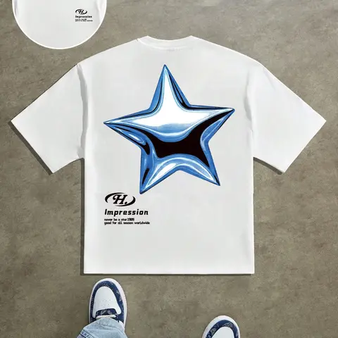 Men's Star Pattern T-Shirt, Relaxed Dropped-Shoulder Fit, 100% Sorona Polyester Fabric, Versatile Everyday Basic Casual Style, Suitable for Outdoor Activities, Lounging at Home, or Daily Commuting, Casual Athleisure Tee
