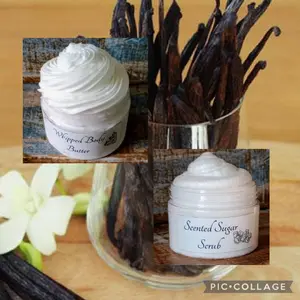 Simply Vanilla Bean WHIPPED BODY BUTTER & SUGAR SCRUB SET, Purchase as SET or SEPARATELY Luxurious Body Cream, Exfoliating Sugar Scrub. Freshly picked vanilla bean pods from the madagascar plant. Scented Moisturize Smoother Long Lasting