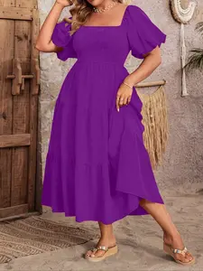 Women's Plus Size Tight Fit A-Line Bubble Sleeve Long Dress, Casual Date Night, Comfortable and Stylish Clothing, Casual Wear
