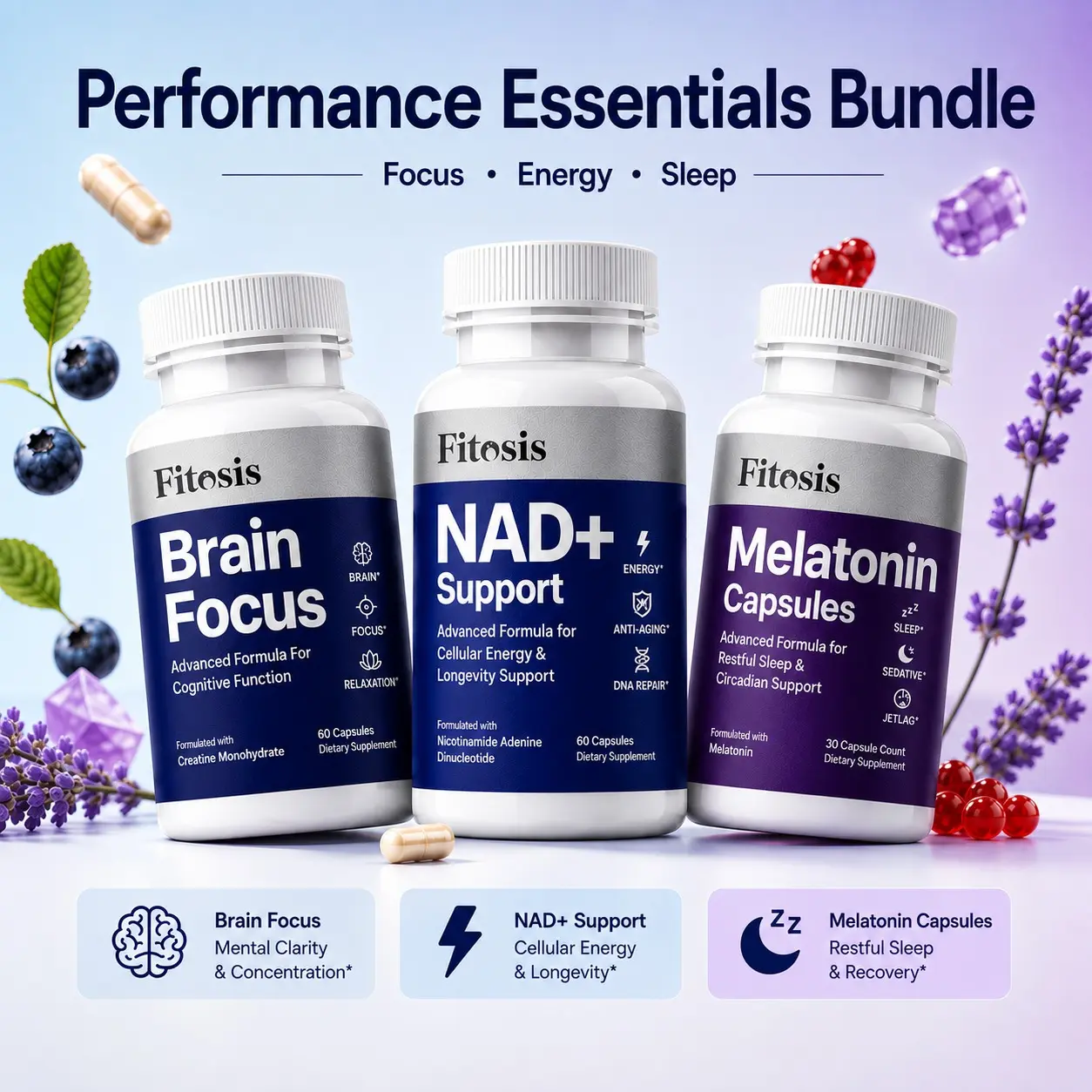 Fitosis Performance Essentials Bundle | Brain Focus + NAD+ Support + Melatonin | Focus • Energy • Sleep