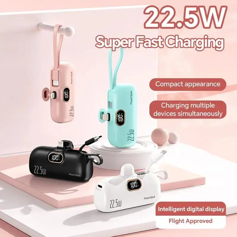 22.5W Super Fast Charging 5000mAh Capsule Power Bank, Pouch Emergency Kit with Cable, Portable Power Source
