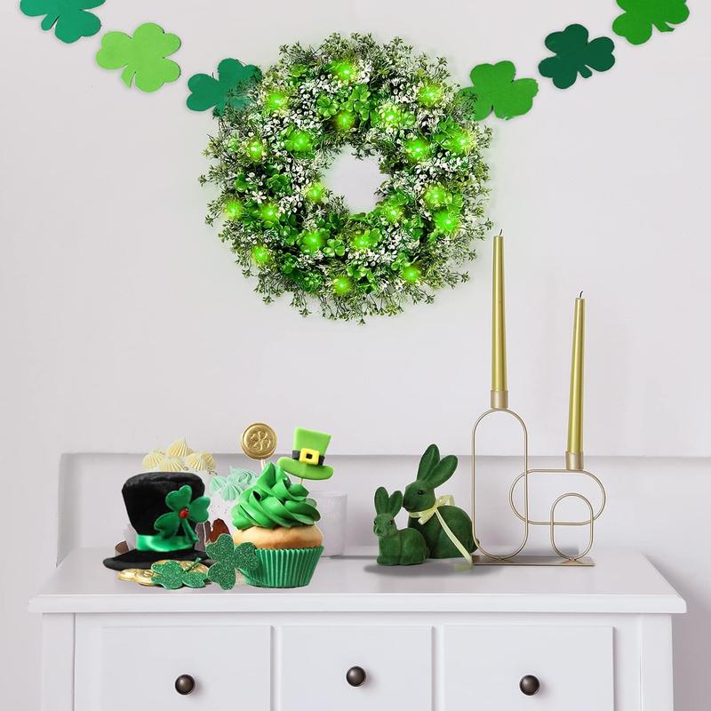 St. Patrick's Day 17.7’’ Shamrocks Wreath with 30 Green Lights Artificial Greenery Clover Wreath for Wall, Window, and Indoor Home Decor Ornaments Decoration Deer
