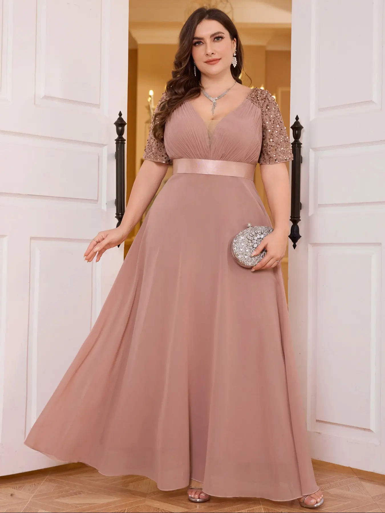 Women's Elegant Chic Deep V Neck Fitted Maxi Dress, Sequin Patchwork  Straight Tube Top, Ruched Waist Loose Hem Bridesmaid Gown, All Seasons,  Womenswear - TikTok Shop