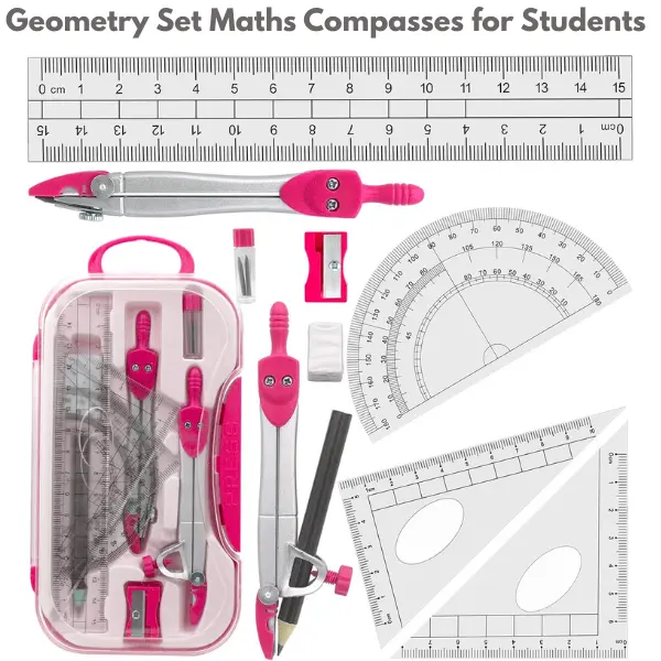 Pink Geometry Kit for Students, Math Compass Set with Protractor, Ruler & Carry Case, School Supplies for Middle School, High School & College