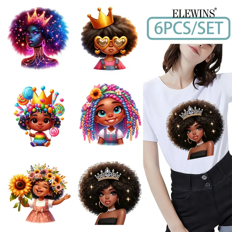 6 Pack African American with Crown Iron on Patches for T shirts Jeans Hats Backpacks Applique Decals for Clothing Decor