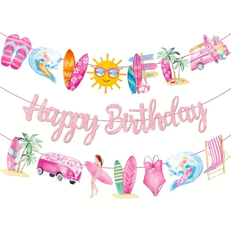 3pcs Vintage Surfing Happy Birthday Banners, Backdrop Banner, Party Background Decoration, Glitter Summer Surfing Surfboard, Birthday Party Decorations, Babyshower Luau Hawaiian Party Supplies