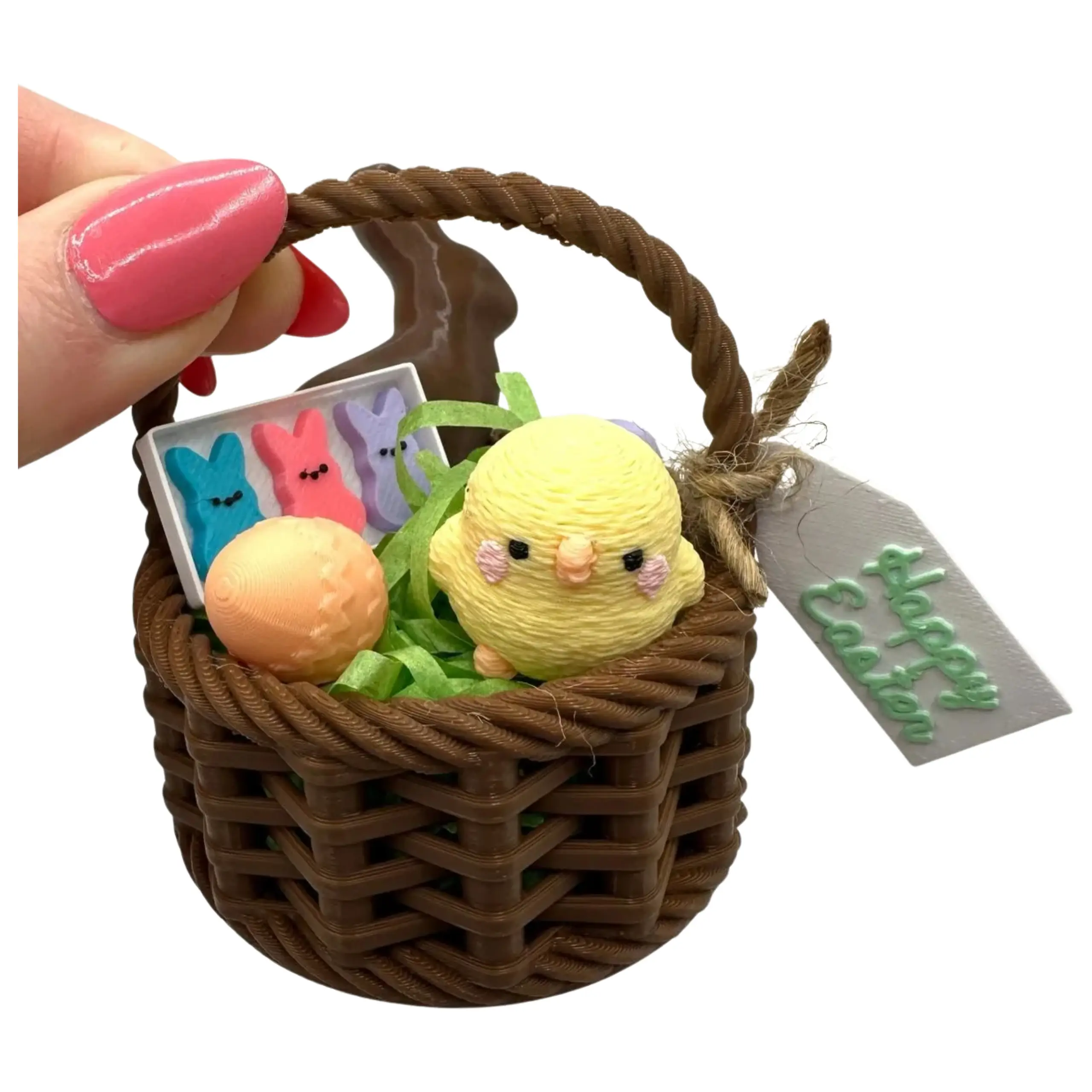 Mini 3D Printed Easter Basket w/ “Chocolate” Bunny, “Plush” Chick, Mini “Eggs”, Mini “Peeps”, Sign, Easter Grass Set. 2 Color Options. Miniature Sprin