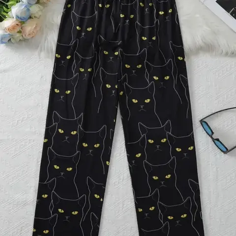 Men's Cat Pattern Sleep Pants, Casual Home Wear Loungewear, Polyester Blend Material, Comfortable Spring & Fall Pajamas, Faux Drawstring Waist