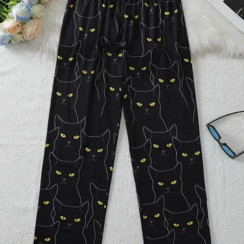 Men's Cat Pattern Sleep Pants, Casual Home Wear Loungewear, Polyester Blend Material, Comfortable Spring & Fall Pajamas, Faux Drawstring Waist
