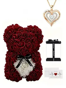Valentine's Day Gift for Girlfriend, Gemstone Heart Necklace, Handmade Eternal Flower Rose Bear Box Set, Mother's Day, Christmas Gift, Gift Jewelry