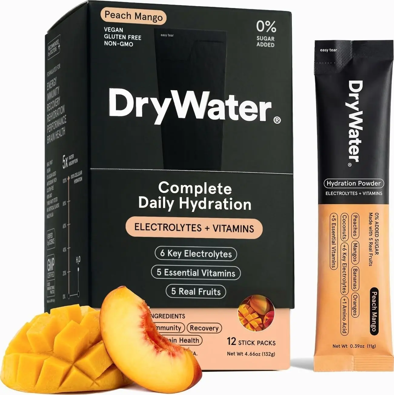 DryWater® Electrolyte + Vitamin Hydration Powder Packets – Peach Mango, 1,000mg Potassium, Real Organic Fruit, NSF Certified for Sport, Nothing Artificial, No Added Sugar (12 Stick Packs)
