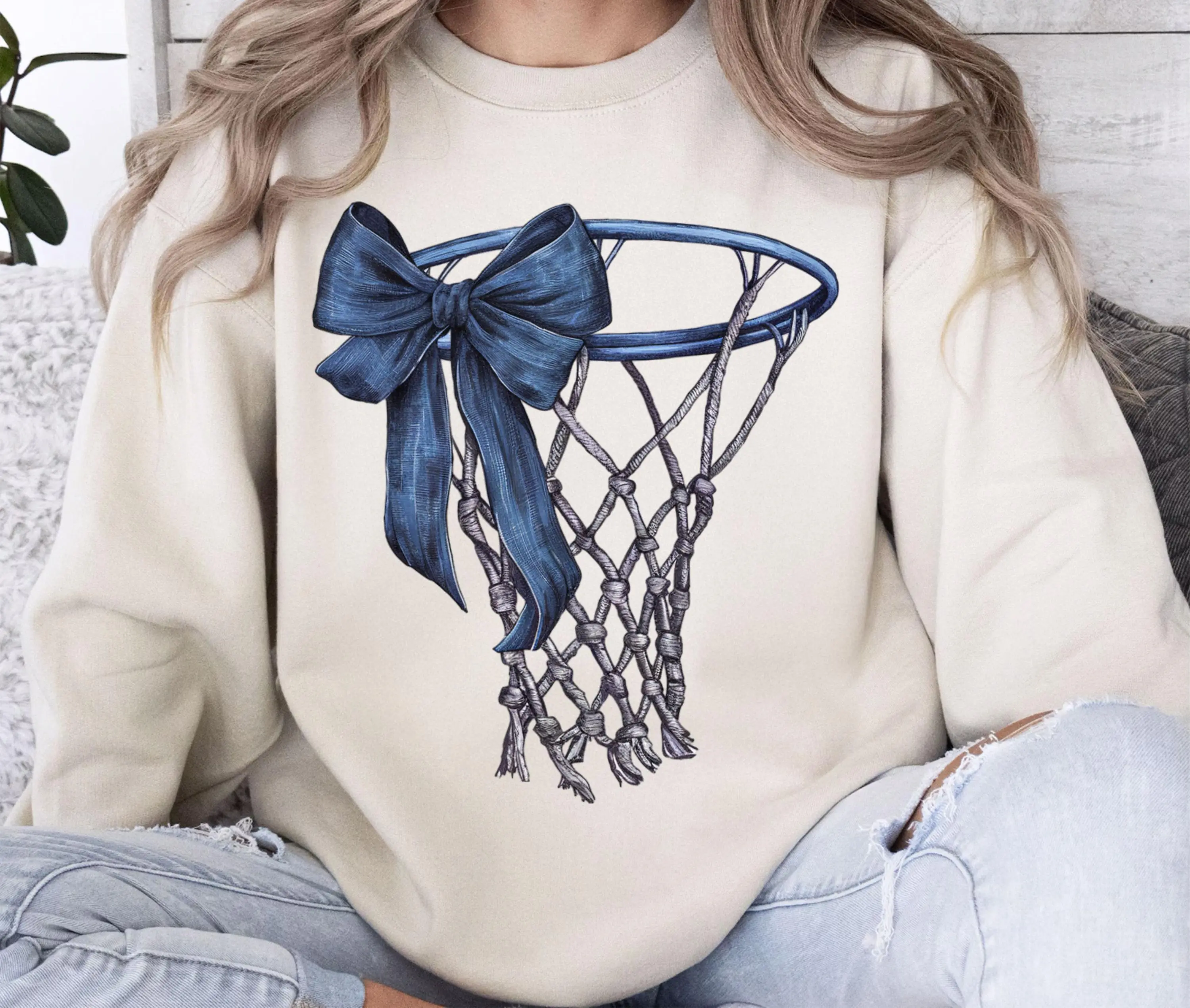 Basketball Hoop Blue Bow Sweatshirt, Vintage Watercolor Game Day Gift Sweater, Cozy Rink Side Pullover for Her, Elegant Net Ribbon Crewneck, 100% Cotton, Made in USA