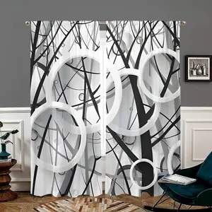 Abstract Geometric Pattern Door Curtain, 2 Counts Modern Art Printing Door Curtain, Home Decorative Curtain for Living Room Bedroom Kitchen Bathroom