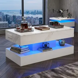 Modern High Gloss Coffee Table With LED Light, Black Square, 2-Tier Open Storage, Remote/App Control, Minimalist Style, 39.4"W, For Living Room/Bedroom/Home Office