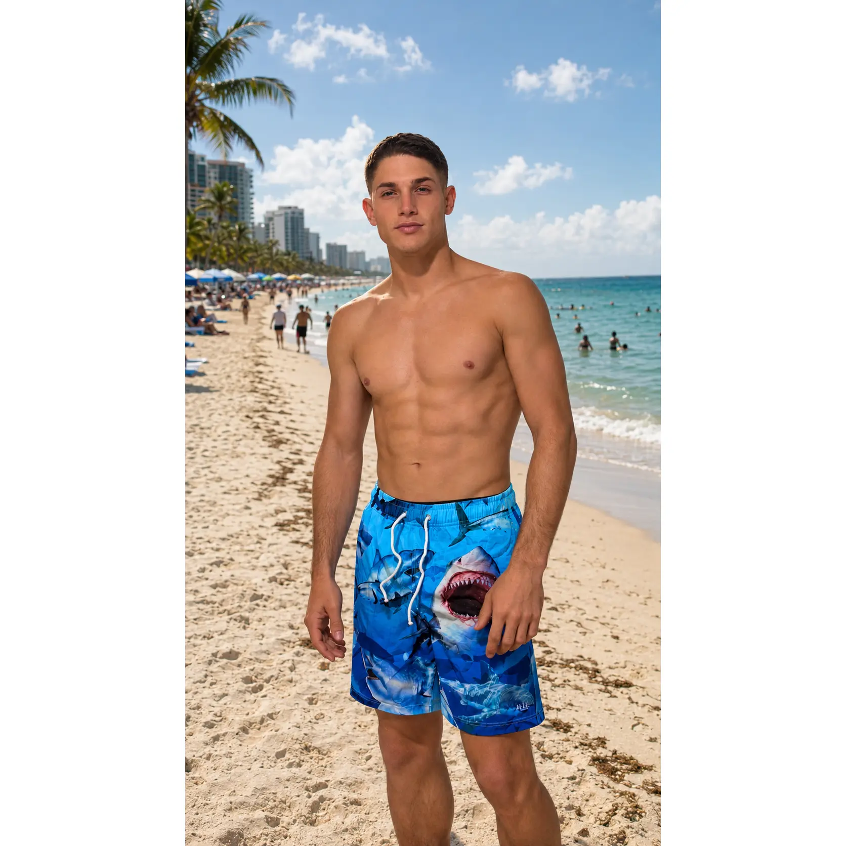 HEAT Swimwear Men’s Blue Shark Print Swim Trunks – 17” Beach Shorts