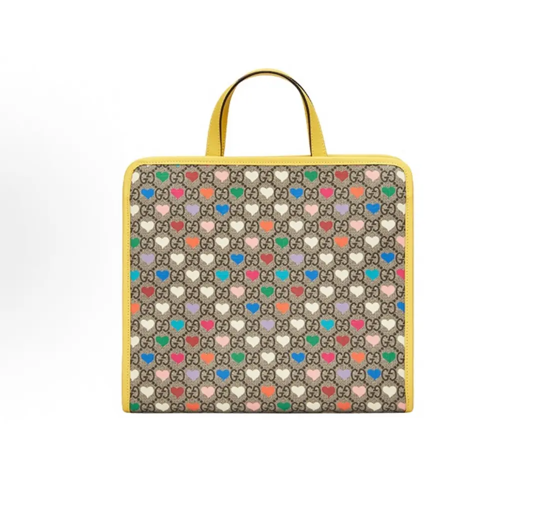 Pre-owned GUCCI Children’s GG Supreme Tote Bag Allover Heart Print Yellow Leather Trim Kids Top Handle Handbag 231273