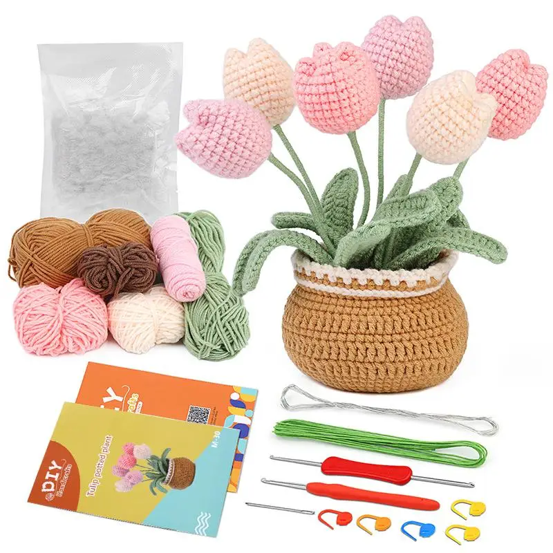 Tulip Crochet Kit, 1 Set Crochet Starter Kit, Crochet Knitting Kit with Step-by-Step Video Tutorials, DIY Handmade Supplies for Beginners, Mother's Da