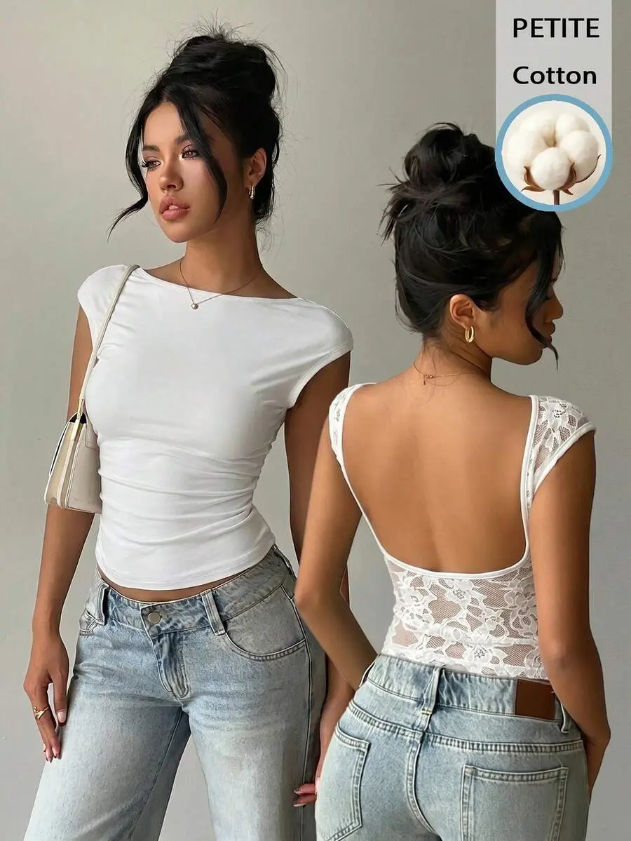 95% Cotton White Lace Patchwork Short Sleeve T-Shirt Sexy Backless Top Suitable For Summer , Women