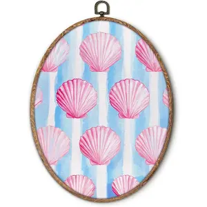 Hxlac Coastal Pink Beach Seashell Oval Wall Art Framed, Ocean Nautical Seashell Oval Wall Decor, Blue Striped Beachy Canvas Prints Wall Sculptures for Home Bedroom Living Room Decor, 8.5x11.5 Inch