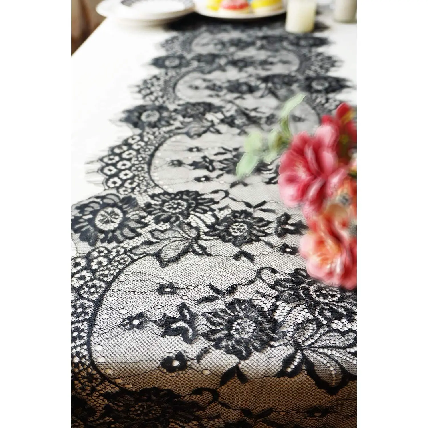 1-Piece Lacy Irregular F-PSD04 14''x120'' Black Embroidered Floral Pattern Table Runner, Machine Wash Safe, Rustic Vintage Decor, Boho Centerpiece Doily for Weddings, Baby Shower, Contemporary Romance Tabletops