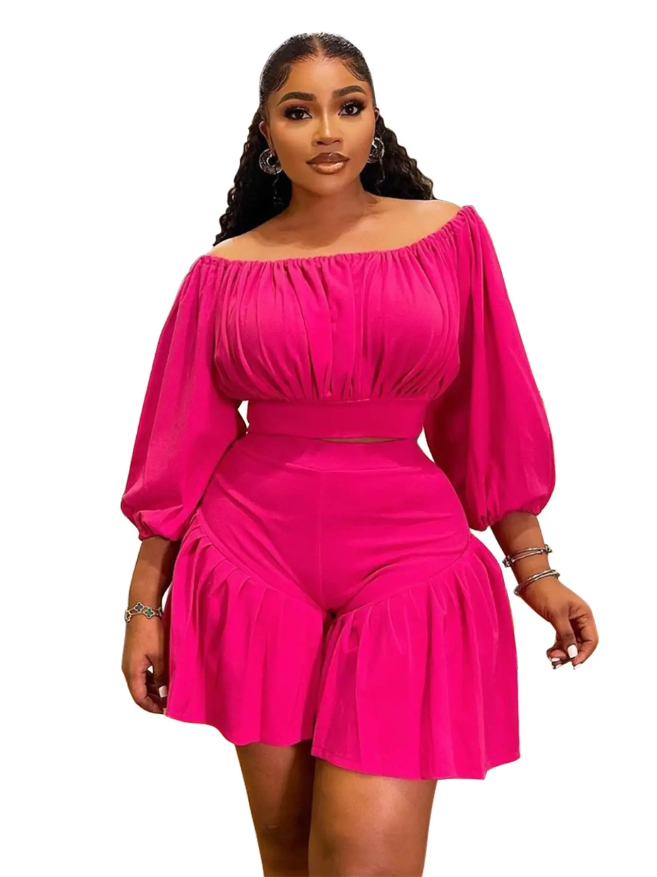 Plus Size Women's Ruched One-Shoulder Fluffy Set Top, Trendy Plus Size for Curvy Ladies, Comfortable and Stylish Fashion Ensemble