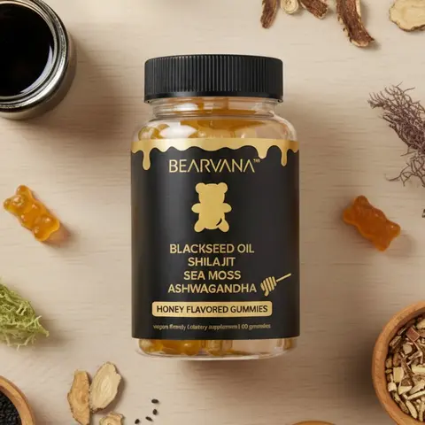 BEARVANA 4-in-1 Superfood Gummies Chewables - Black Seed Oil, Shilajit, Sea Moss, Ashwaghanda - Honey Flavor, Vitamins C & D - 1-Month Supply, 60 Count - Self Care Products Supplement for Health
