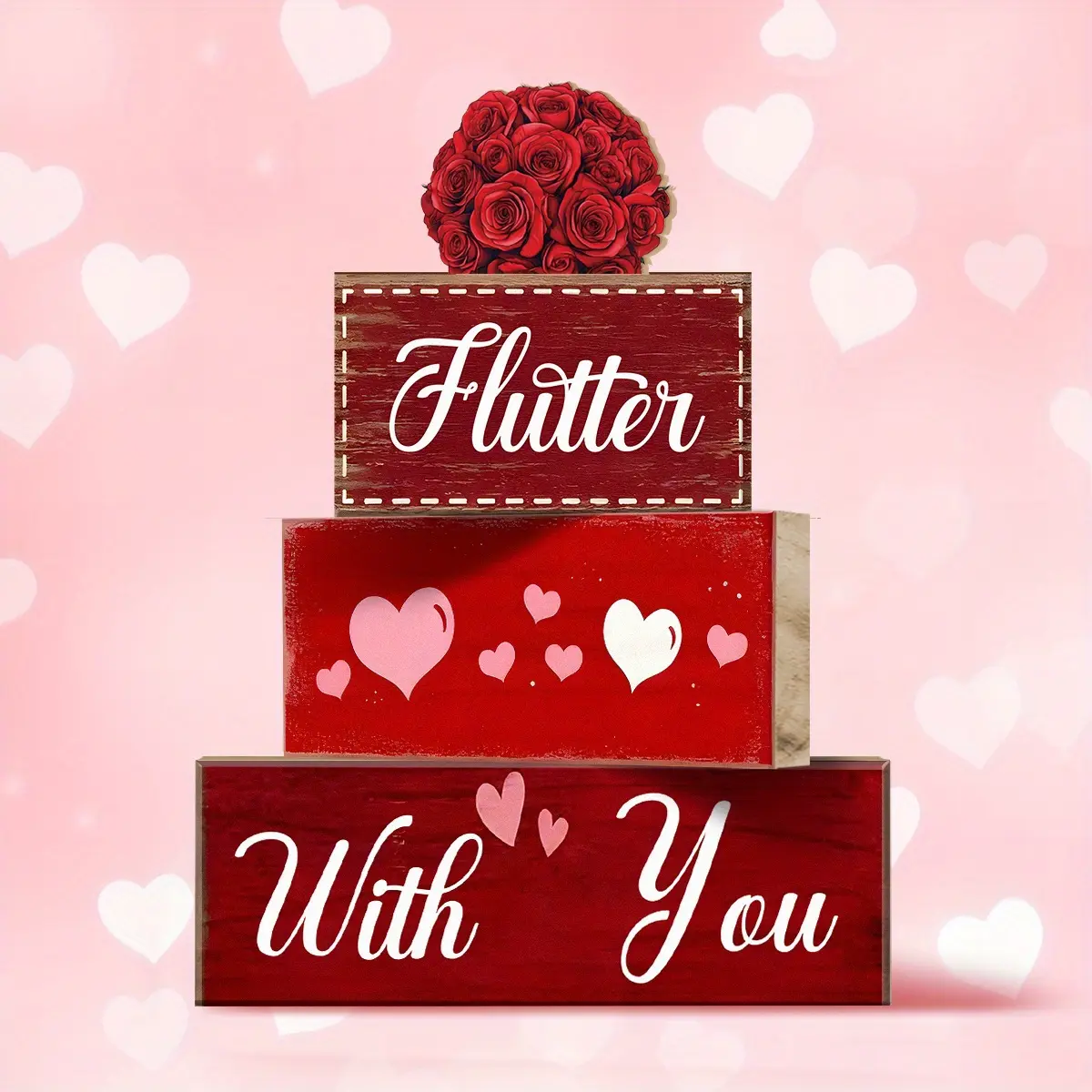 4 Pcs Valentine Table Decor Wooden Red rose Decoration, Valentine's Day With you Centerpiece, Sweet home Valentine Tiered Tray Decor Red Heart Block Signs Gift for Farmhouse Home Kitchen, valentine's day display set