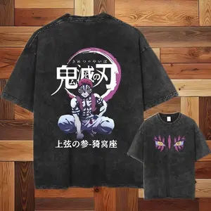Vintage Washed Demon Martial Artist T-Shirt | Double-Sided Anime-Inspired Gothic Streetwear for Bold Fashion Enthusiasts, Emo Clothing 9PR