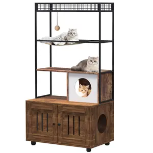 Garvee Cat Litter Box Enclosure, Hidden Litter Box Furniture with Cat House, Scratching Hammock, Feeding Station, Shelves, Dog-Proof Litter Box Cabinet, Brown