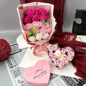 Artificial Rose Bouquet with Bear Gift Box, 1 Set Including 1 Count Artificial Rose Bouquet & 1 Count Bear Doll Gift Box, Romantic Gift for Girlfriend, Birthday Gift, Party Gift, Wedding Gift, Decor