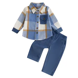 Kids Toddler Baby Boy Plaid Flannel Long Sleeve Jacket Button Down Sweatshirt Jumpers Tops Corduroy Jogger Pants Fall Winter Outfit