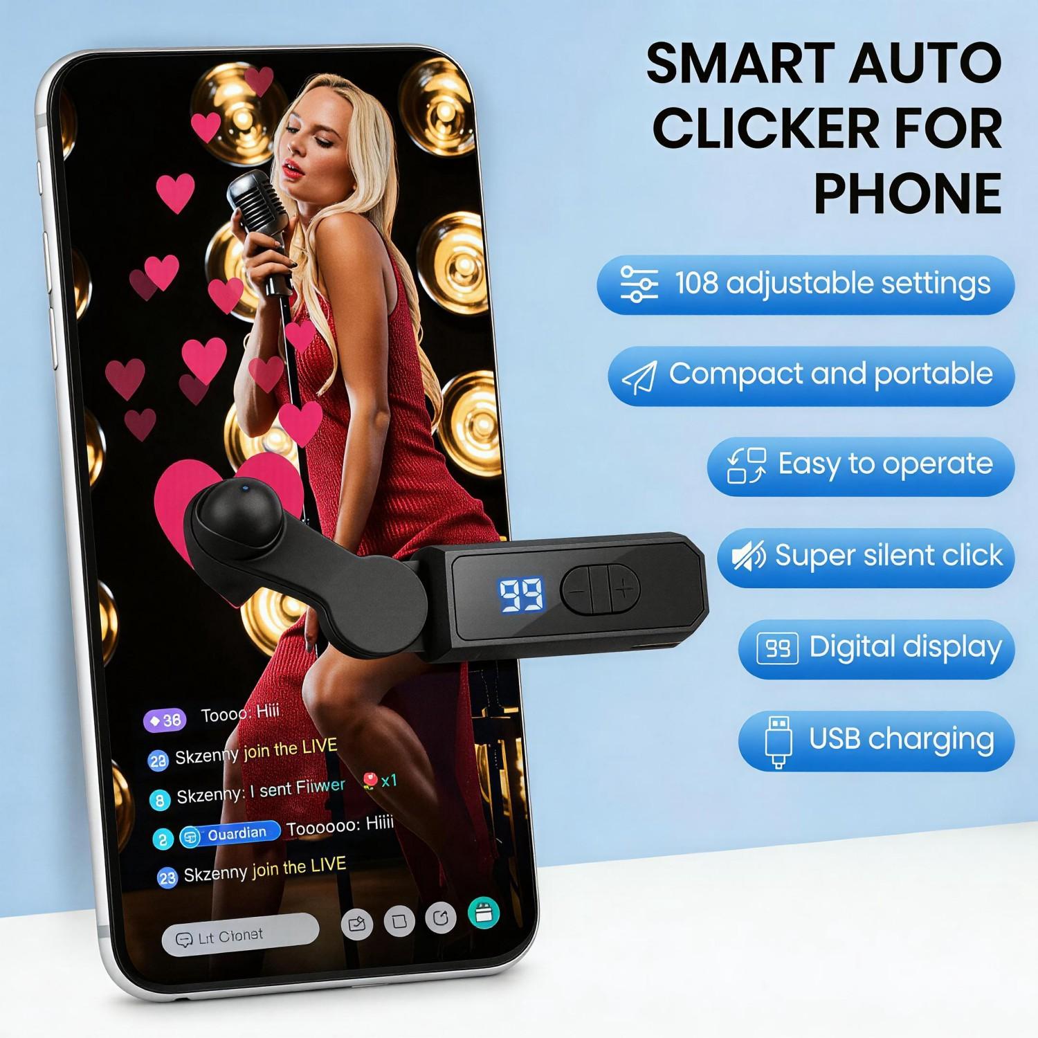 Compatible with iPhone, iPad, and Android devices, the TikTok Smartphone Clicker is a rechargeable, automatic clicking device with adjustable speed, designed specifically for live-stream liking and social media tasks.