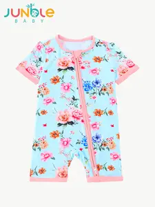 Baby Bamboo Fiber Zipper Hoodie with Blue Flower Print, Double Zipper, Reversible Sleeve Cover, Soft and Breathable Baby Swimsuit