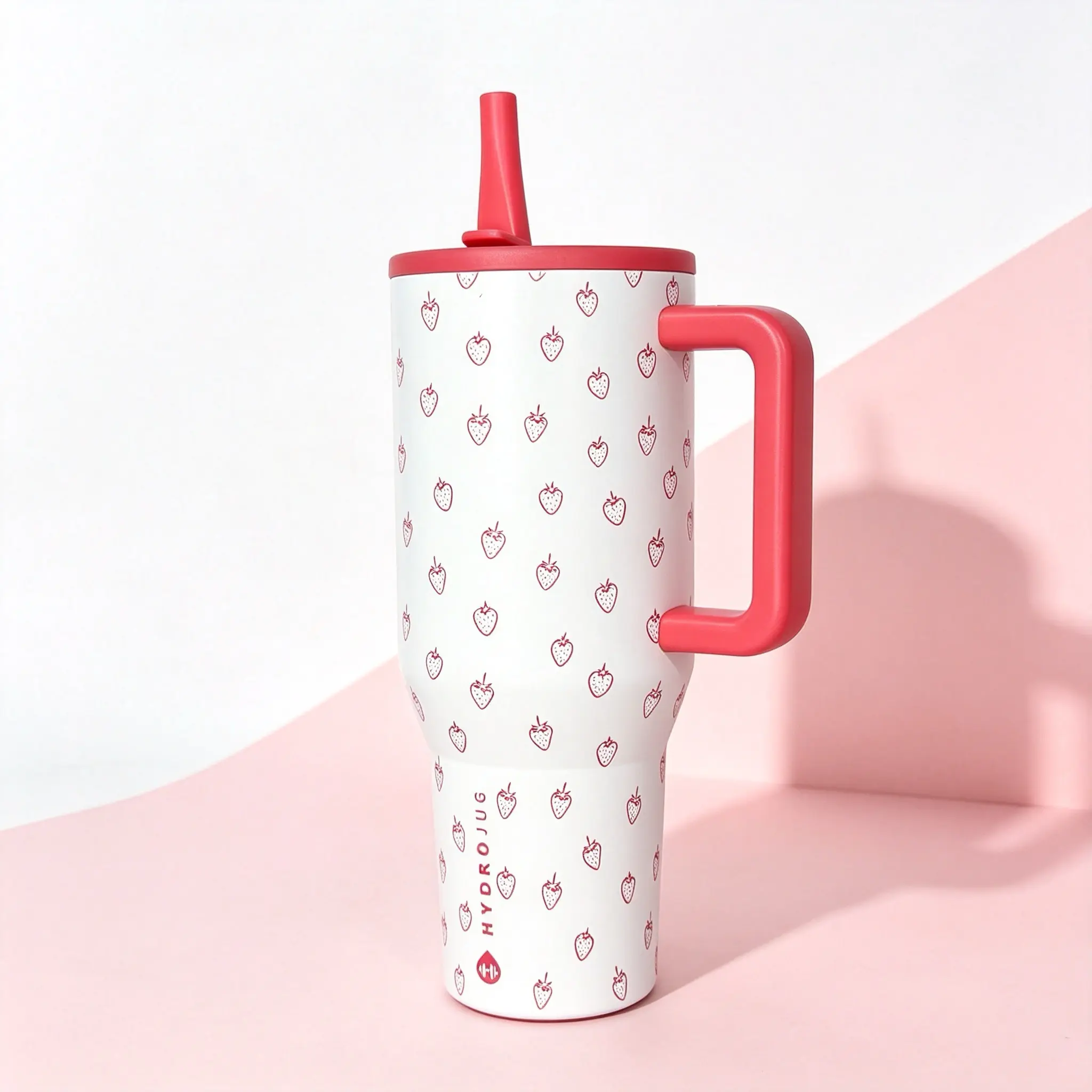 Hydro Jug 40oz Insulated Stainless Steel Tumbler - Strawberry Print, Handle, Straw Included, 24hr Cold Retention, BPA-Free, Cup-Holder-Friendly Travel Mug for Gym, Gifting reusable coffee iced coffee cup double-wall cherry thermal mug Colorful