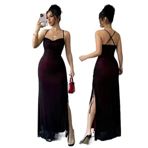 Women's Mesh Panel Cross-Back Long Dress