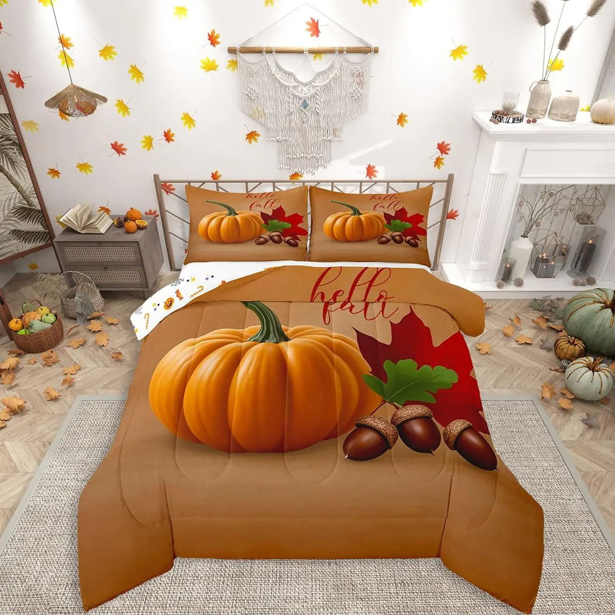 Fall Harvest Theme Comforter Set,Autumn Pumpkin Bedding Set,Retro Farmhouse Thanksgiving Day Duvet Insert,Maple Leaf Vintage Quilt