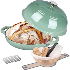 Enameled Cast Iron 6 Quart Dutch Oven Pot with Lid, Bread Oven for Sourdough Bread Baking, With Bread Proofing Basket & Baking Supplies Set, Sage Green