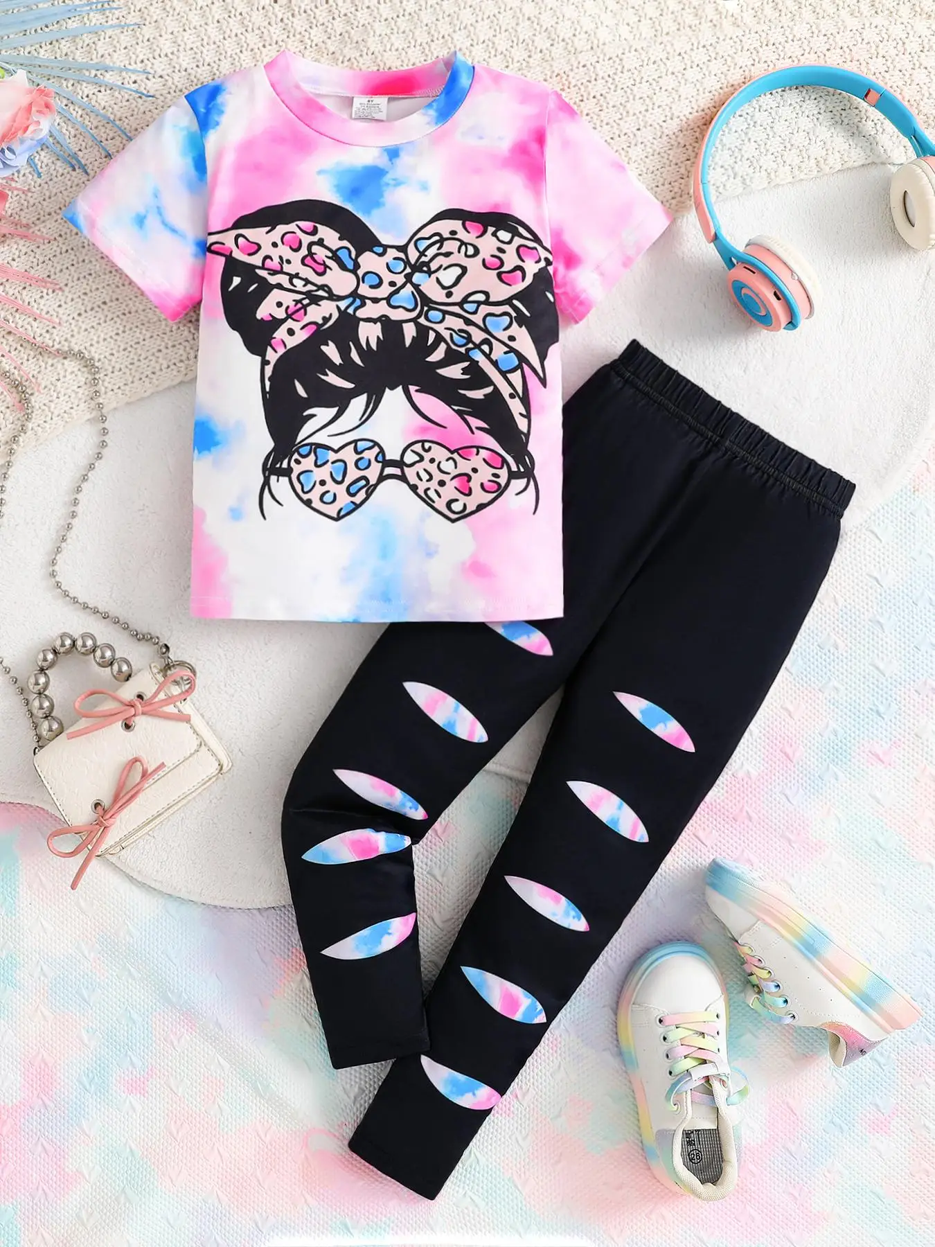 Girl's Cartoon Print Top & Elastic Waist Pants Set, Casual Round Neck Short Sleeve Top & Pants for Daily Wear, Kids Summer Clothes, Girl Clothes