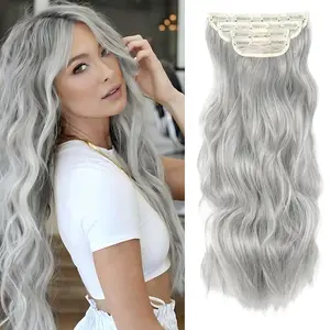 VOSILK Clip in Natural Hair Extensions Long Wavy 4PCS Thick Hairpieces Silver Grey Double Weft Synthetic 20 Inch for Women