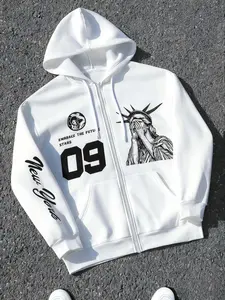 Trendy Unisex Hoodie with City Theme Print, Street Style Fitted Sweatshirt for Fall & Winter, Graphic Pattern Design
