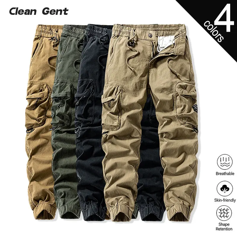 Clean Gent men’s loose solid-color cargo pants with elastic waistband and cuffed legs, zippered pockets that prevent items from falling out, cotton fabric that is skin-friendly, durable, and resists pilling; suitable for everyday and outdoor wear in all s
